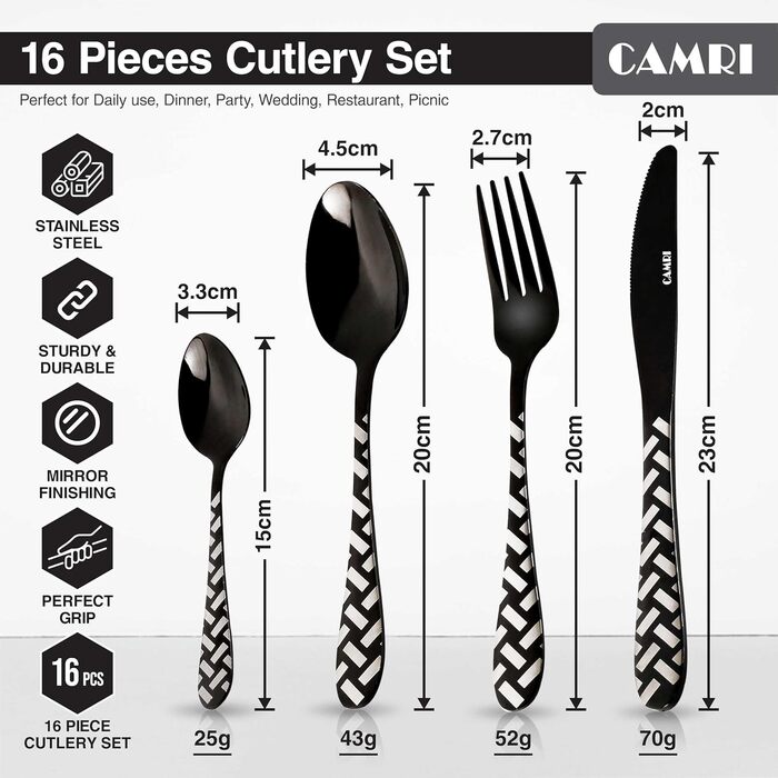 CAMRI Набір столових приборів – 16 предметів з нержавіючої сталі. Набір столових приборів, ножі, виделки, ложки. Комплект на 4 особи, придатний для миття в посудомийній машині. Кріз-чорний візерунок.