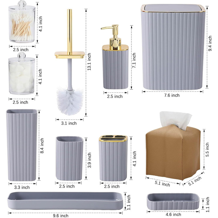 Набір аксесуарів для ванної кімнати RotateGold-Gray (10 шт., сірий)