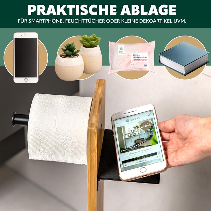 Набір для туалету Eluno Stand-WC 4в1: щітка, тримач туалетного паперу, полиця, бамбук/метал (чорний)