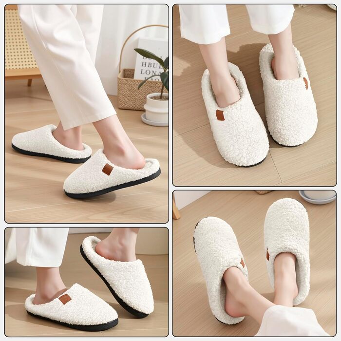 Зимові домашні тапочки для жінок та чоловіків, теплі, з тедді та плюшевим покриттям, комфортні, з м'якою підкладкою, з пам'яті ефекту, антиковзаючі, білі, 38/39 EU