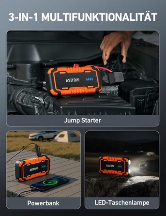 Powerbank AstroAI P10 для авто: пусковий пристрій, 10L бензин/8L дизель, 12V, LED, Orange