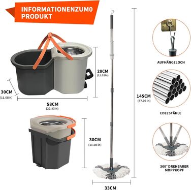 Набір для миття підлоги з відром, моп з функцією віджиму, відро з педальним механізмом та 2-камерним відсіком, повний набір з 3 мікрофібровими накладками для ламінату, паркету та плитки (світло-сірий)