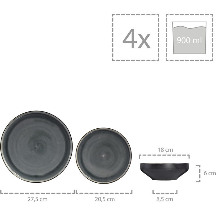 Набір посуду SÄNGER Helsinki 12 предметів: тарілки для їжі, сніданку та супу (4 особи), чорний з сірим акцентом, преміум-якість