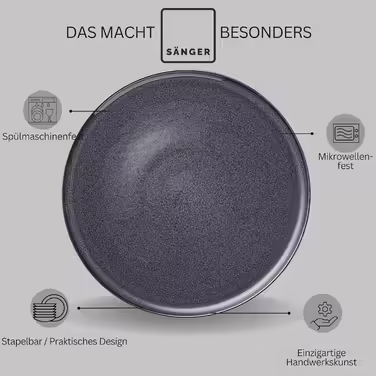 SÄNGER | Teller Set Bali 36-Piece, Dinnerware Set for 12 People, Stoneware Plates, Dinnerware including Dinner Plates, Dessert Plates & Deep Plates, Dinner Plates, Table Service Dark Gray with Dark Grain Bali Dinnerware Set 36-Piece