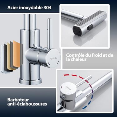 Змішувач для кухні BELZ з висувною лійкою, 3 режими, поворотний на 360°, з нержавіючої сталі SUS304, матовий хром