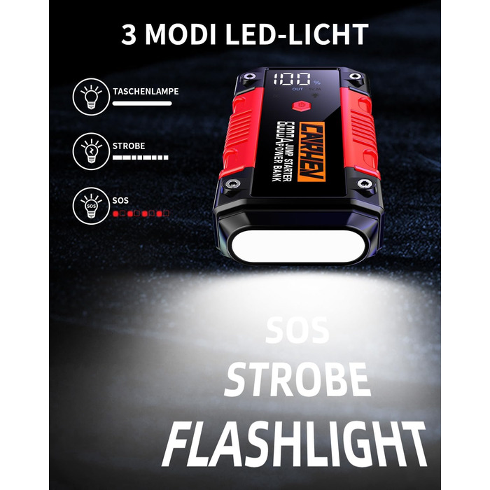 Портативний пусковий блок StarThilfe Powerbank для автомобіля, 6000A, 12V, для бензинових та дизельних двигунів до 10L, з LED ліхтариком