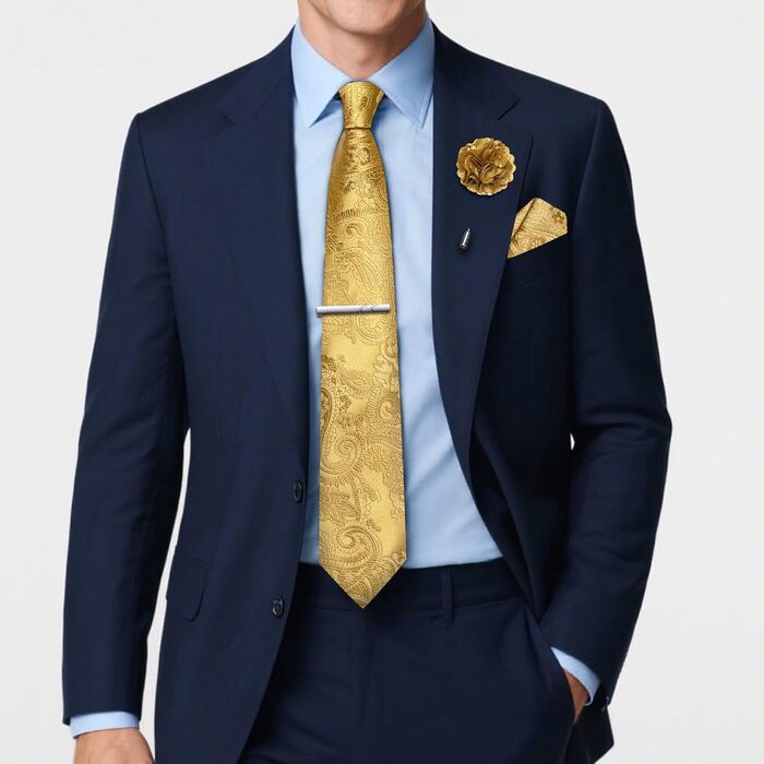 Набір краваток для чоловіків: краватка, кишеньковий хустинка, краваткова затискач, затискач для краватки, набір 5 шт. (золотий)