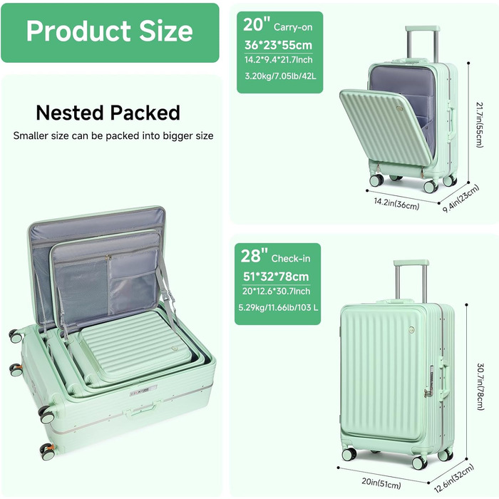 Набір валіз Sea Choice Hartschalen 2 шт. (Trolley, 55/78 см) з TSA замком та тримачем для напоїв, зелений