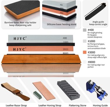 Набір для заточування ножів: 4 сторони, зернистість 400/1000/3000/8000, водяний камінь, бамбукова підставка, камінь для вирівнювання, кутовий шаблон, шкіряний брусок, полірувальна паста, інструкція з заточування. Чорно-червоний