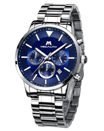 Чоловічий годинник MEGALITH з нержавіючої сталі, хронограф, водонепроникний, з великим циферблатом, датою, для роботи та відпочинку. Стильний подарунок для чоловіків (8345 Silver Blue)