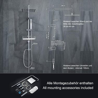 Görbach Rain Shower System with Shelf, Shower Set without Shower Faucet, Chrome (20x20cm)