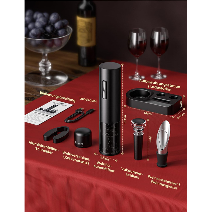 Електричний відкривачка для вина GHB 6-в-1 з USB-зарядкою, різець фольги, виливає вино та вакуумний затвор - ідеальний подарунок для поціновувачів вина (8-в-1)