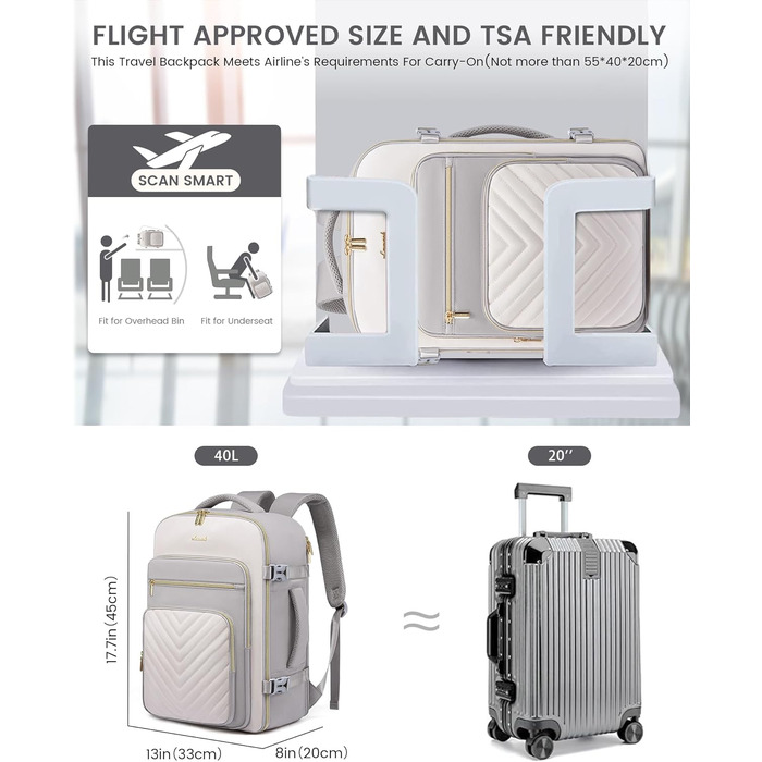 Рюкзак LOVEVOOK 40L для ручної поклажі в літак, жіночий, водонепроникний, з відділенням для ноутбука 17 дюймів, підходить для Easyjet, для подорожей, роботи, хайкінгу, оливково-бежевий (17.3 дюйми, світло-сіро-бежевий)