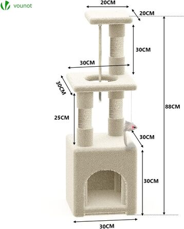 Котячий будиночок Vounot Klein: стабільний котячий будиночок з платформою, печерою та сизалевими стовпчиками, 88 см, бежевий