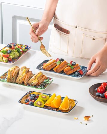 Сервіровочні тарілки HENXFEN з порцеляни, 25.4 см, набір прямокутних тарілок, 25.4 x 17.8 см, для салату, закусок, сашімі, богемний квітковий дизайн у 6 яскравих кольорах (прямокутна тарілка 20.3 см)