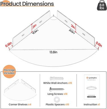 Настінні полиці Upsimples, 4 шт., білі, без свердління, 38x10 см, для ванної, спальні та кухні