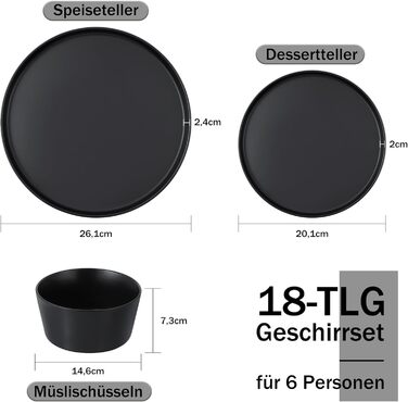 Набір посуду Homikit на 6 осіб: тарілки, миски, десертні тарілки, реактивна глазур, чорний колір, 18 шт.