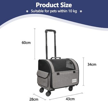 Чемодан для собак та котів Galatée з колесами, переноска для тварин, схвалена авіаперевозниками, складна переноска з дихаючою сіткою, візок для домашніх тварин (білий/сірий)