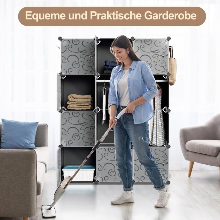 DIY Closet Shelf System, 16 Cubes Wardrobe Closet, Open Wardrobe, Plastic Wardrobe with Doors, Wardrobe Cabinet, Black, 180 x 142 x 37CM (Black 12 Cubes with Clothes Hooks)