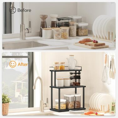 HOOBRO Spice Rack, Kitchen Shelf, 3-Tier Storage Shelf, Desk Organizer, for Kitchen Countertop, Desk, Study, Office, Vintage Brown EBF02TL01 (Black)