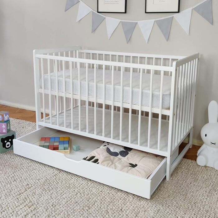 Kids Collective Baby Bed with Drawer, Toddler Bed, Crib, 60x120 cm, Adjustable Height & Removable Slats, Optional with Mattress | White, Very Stable, Made in Europe, 124L x 65W x 87H cm, White with Drawer