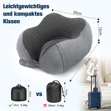 Подушка для шиї в літак, доросла, з піною з пам'яті, регульована, компактна, ергономічна, м'яка, дихаюча, з навушниками, маскою для очей, чохлом (Сірий)