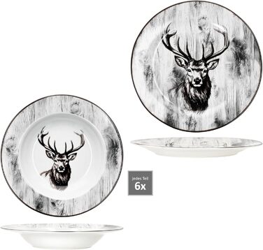 MamboCat Alois Сервіз на 12 осіб з порцелянового посуду з декором оленя (6 супових та 6 обідніх тарілок)