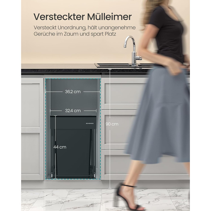 SONGMICS Відро для сміття кухонне, сортувальник сміття для під шафки, 2 відділення, висувний, сталевий каркас, ABS-кришка, LTB950B01 (чорний, 2 x 20 л)