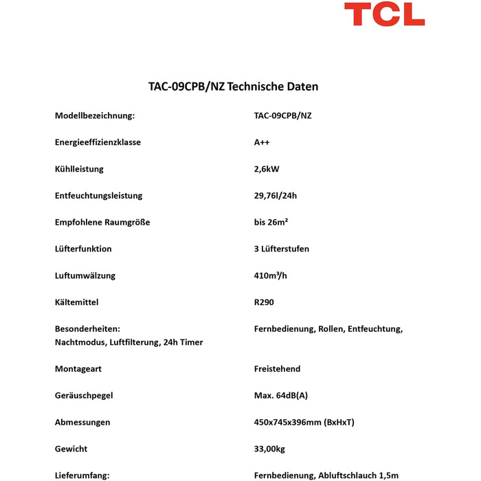 Тренажер TCL 9000 BTU (2,6kW) TAC-09CPB/NZB 3-в-1: охолодження, вентиляція, осушення. Тиха робота, таймер, нічний режим, пульт ДК. Для вітальні, офісу, спальні. Чорний колір.