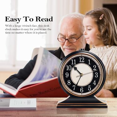 AYRELY Vintage Desk Clock, Silent, Non-Ticking, 10-Inch Dial, Table Clock, Retro Mantel Clock and Easy to Read for Living Room