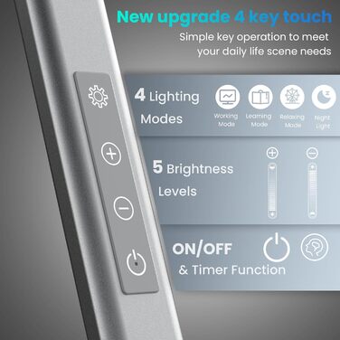 VERSKI LED Desk Lamp - Dimmable 18W Dual Light Source, Eye Protection, Daylight Lamp with 5 Color Temperatures & Adjustable Brightness for Home Office & Office - Silver