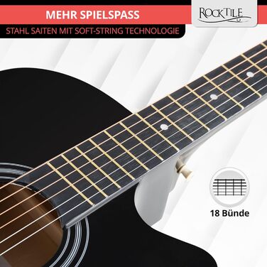 Rocktile WSD-5C-BK: Акустична гітара Western Slim Line - Комплект з чохлом, струнами, ременем та медіатором (Чорний)