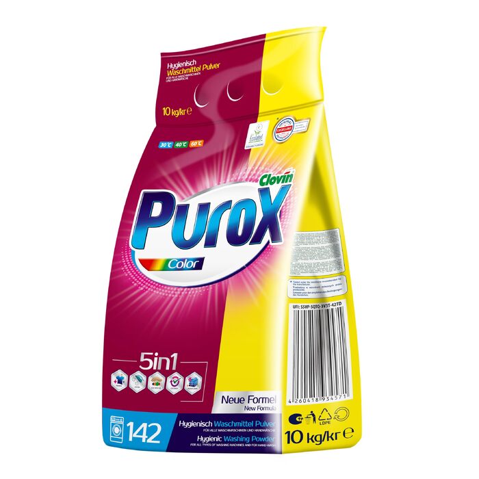 Пральний порошок для кольорових речей PUROX Color, 10 кг, 142 прання, у м'якій упаковці