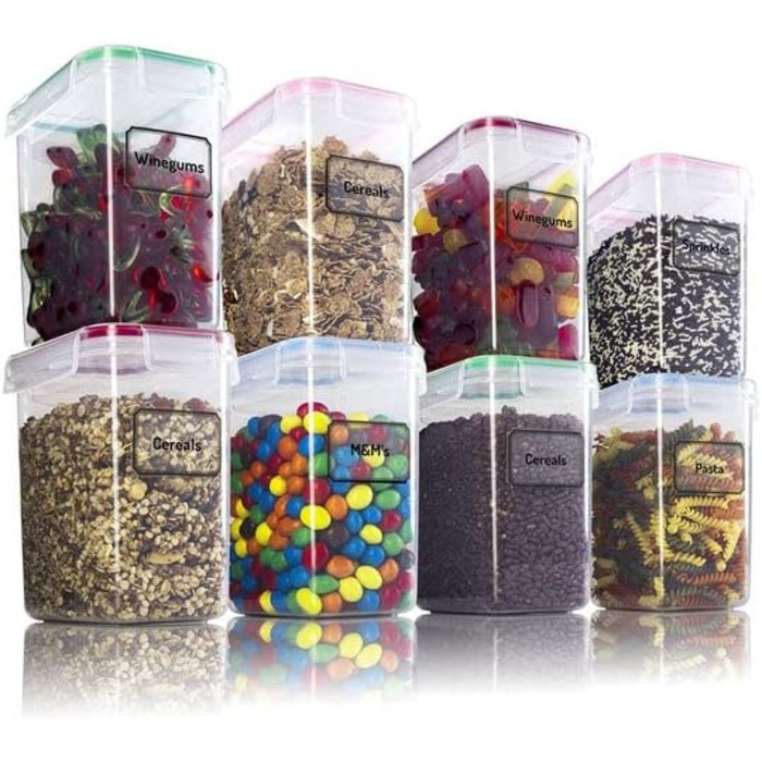 TNM Storage Container Set (4x1.6L), Airtight Food Storage Boxes for Kitchen - Plastic Containers with Lids, Cereal Dispenser & Freshness Containers, BPA-free Plastic, Storage for Noodles, Cereal, Rice, Flour - Coloured Food Container 1.6l
