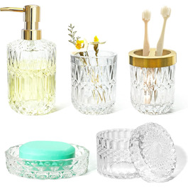 Orange Bathroom Accessories Set, 5-Piece, Clear Glass, Hand Soap Dispenser, Soap Dish, Toothbrush Holder Set, Cotton Swab Jars, Modern Bathroom Decor, Burnt Orange