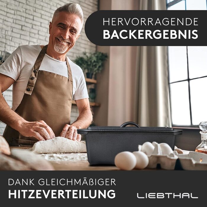 LIEBTHAL Loaf Pan with Lid - Precision-Fitting Non-Stick Silicone Insert - Pre-Seasoned Cast Iron Pot 3.5 L - Casserole Dish for Baking, Roasting, and Braising