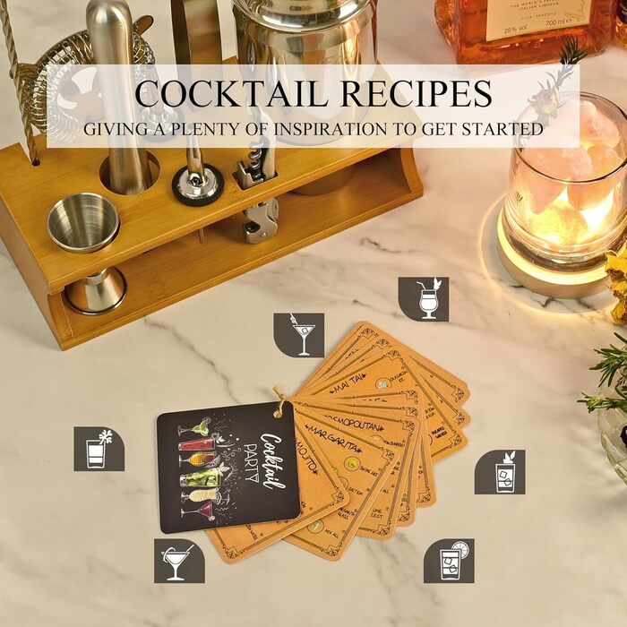 750ml Stainless Steel Cocktail Shaker Set with Bamboo Stand & Recipe Book - 17 Piece Bar Set with Accessories for Bartenders & Gifts