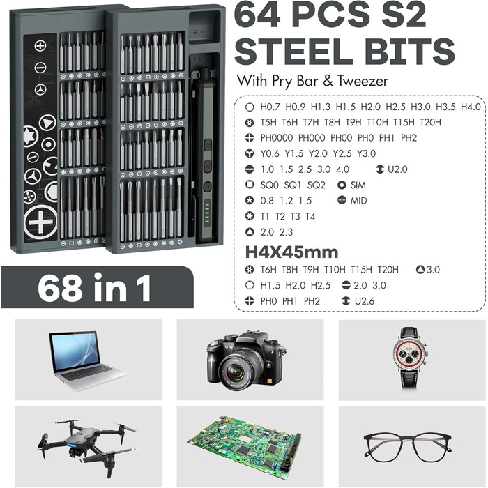 Міні-електродриль/викрутка преміум-класу 68в1 з магнітними бітами для ремонту iPhone, ноутбуків, годинників