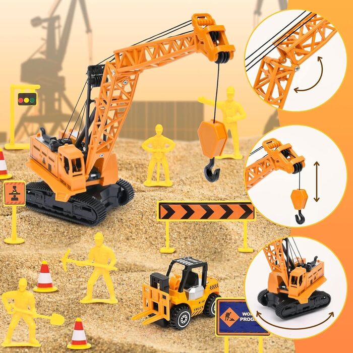 Tacobear Construction Site Magic Sand Case Sensory Toy Gifts Boy 3-8 Years with 1kg Kinetic Sand, Crane Toy, 5 Mini Vehicles & 14 Sand Molds, Sand Play Toy, Magic Sand Gift for Kids