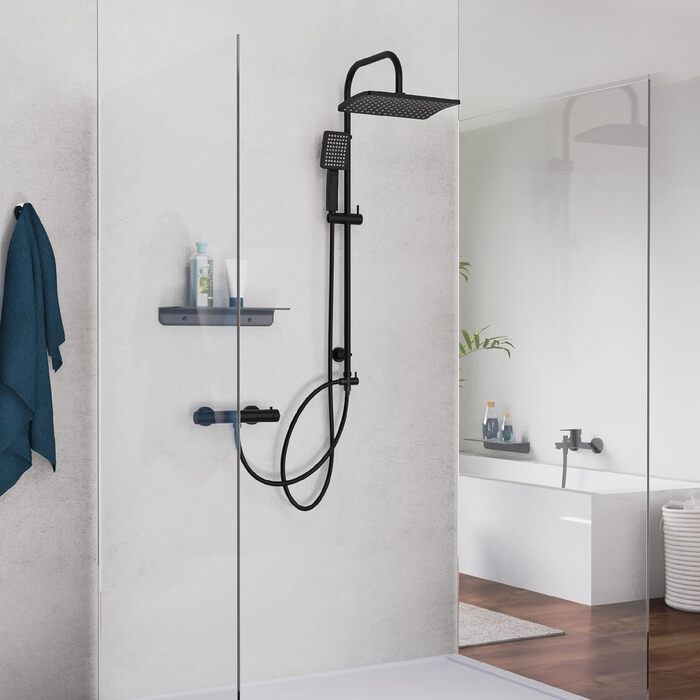 Schütte Shower Set MALLORCA Shower Column with Large Rain Shower Head, Hand Shower with 3 Jet Types, Shower System without Faucet, Matte Black