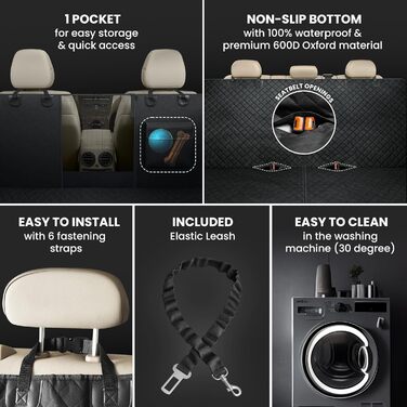 Захисний килимок для собак у машину: заднє сидіння, багажник, переднє сидіння + поводок для собак | Водонепроникний, антиковзкий, можна прати | Захист для багажника, сидіння автомобіля від собак | М'який, чорний, преміум-якість