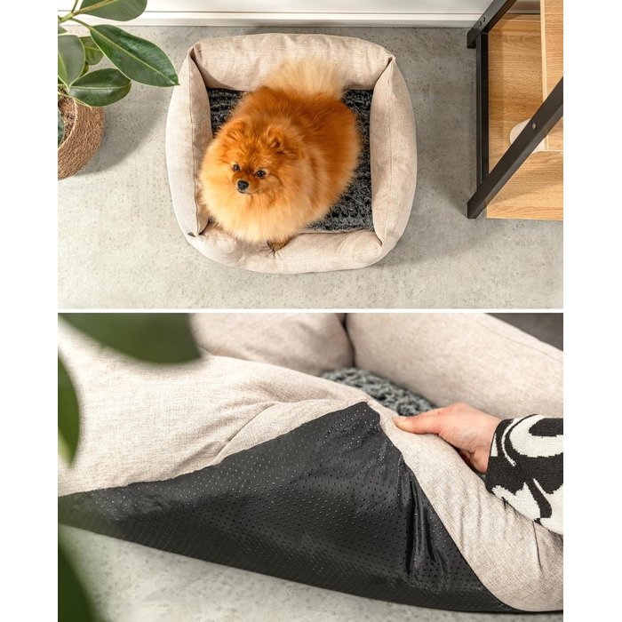 Lionto Dog Basket with Fluffy Reversible Cushion, Cozy Pet Bed in a Marbled Design with Deep Entry for Dogs & Cats of All Sizes, 80x60 cm, Soft Dog Bed, (Beige, L 60 x W 50 x H 22 cm (with name imprint))
