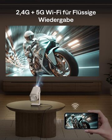 Smart проєктор Aurzen Boom Air Mini Beamer з Google TV та Netflix, 4K, USB-C, Dolby Audio, WiFi, Bluetooth, TOF автофокус, обертовий стійкий, кремовий