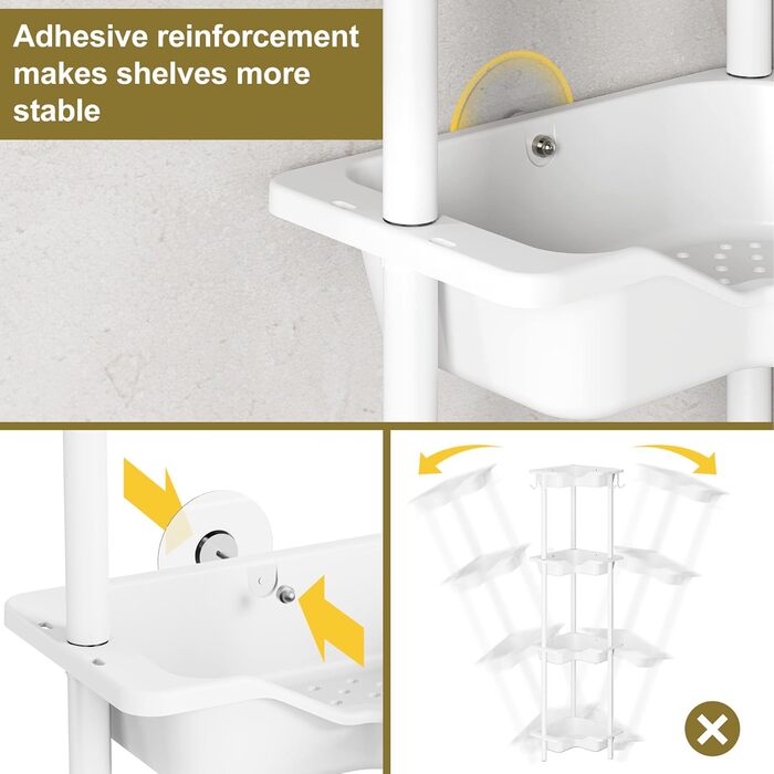 Orimade 4 Piece Shower Shelf Standing Stainless Steel, Shower Storage without Drilling, Corner Shelf with 4 Hooks, Plastic-Metal Construction 25.5 x 25.5 x 103 cm White
