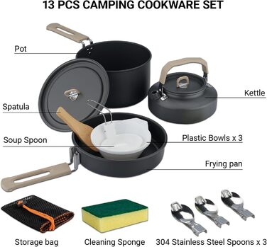 Набір посуду для кемпінгу ISFORU на 2-3 особи, 13 предметів: антипригарні каструлі та сковорідки, посуд для приготування їжі з котелком, пластикові миски та аксесуари. Компактний набір для пікніків, походів та кемпінгу.