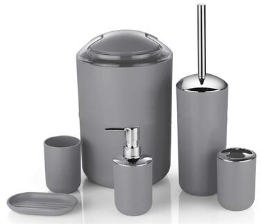 Набір аксесуарів для ванної кімнати Icegrey Modern Design 6 предметів: дозатор для мила, підставка для зубних щіток, стакан для зубних щіток, мильниця, йоржик для унітазу, смітник, сірий колір