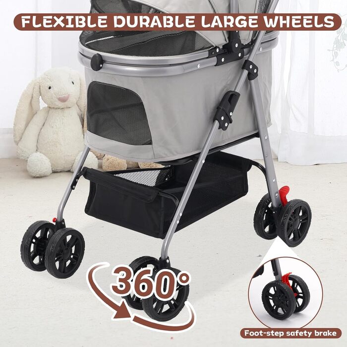 Візок для собак Siairo 3-в-1, сірий. Будка для собак середніх порід до 20 кг, переноска, автокрісло, відділення для їжі