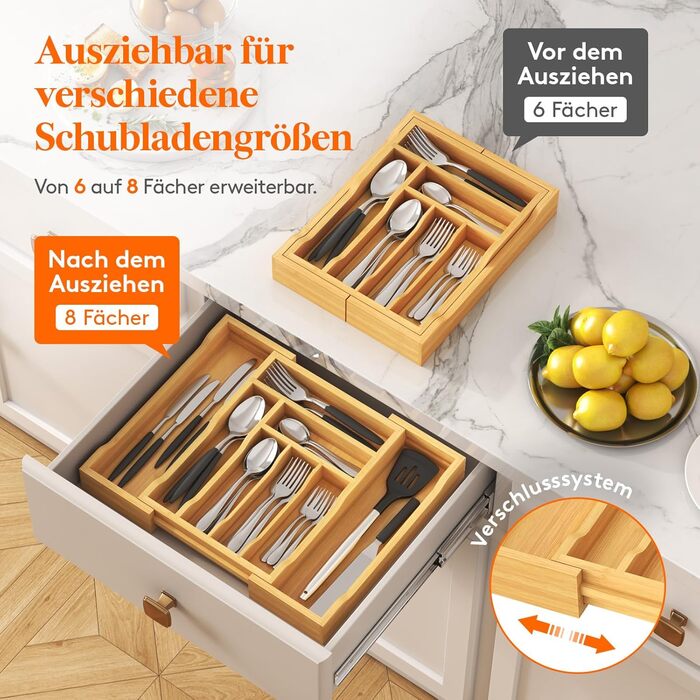 Органайзер для столових приборів Lifewit в шухляду, бамбуковий, 33x25-42x47 см, висувний лоток для ложок, виделок, ножів