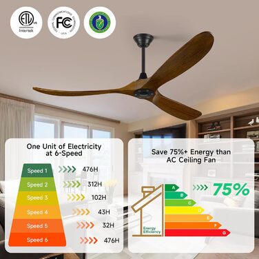 Дерев'яний стельовий вентилятор 152 см з дистанційним керуванням, 60 дюймів, 3 лопаті, DC-двигун, для дому та вулиці, таймер, коричневий