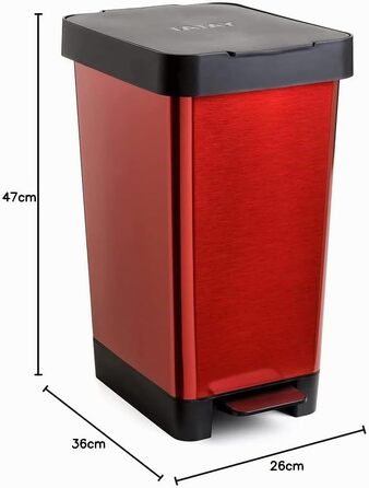 Сміттєвий відро TATAY Smart на 25 л з педаллю, міцний пластик, червоний (26x36x47 см) для кухні та вулиці